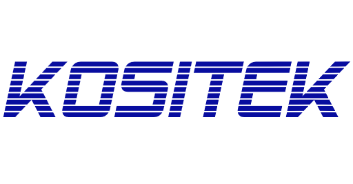 Logo von KOSITEK, blau mit gestreifter Schrift.