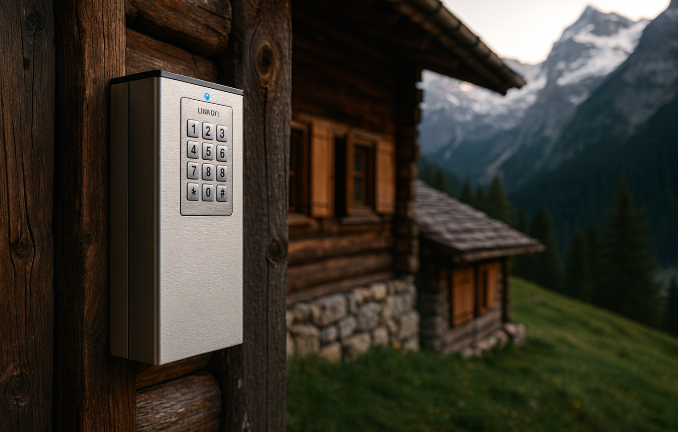 Sicherer Schlüsselautomat an einem Holzhaus in einer Berglandschaft.
