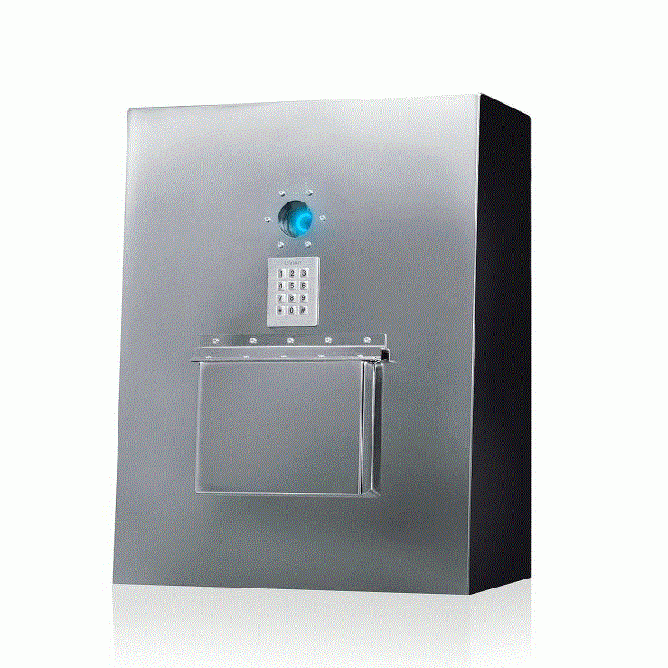 Schlüsselausgabeautomat mit Edelstahl-Gehäuse und Tastatur und Kamera.