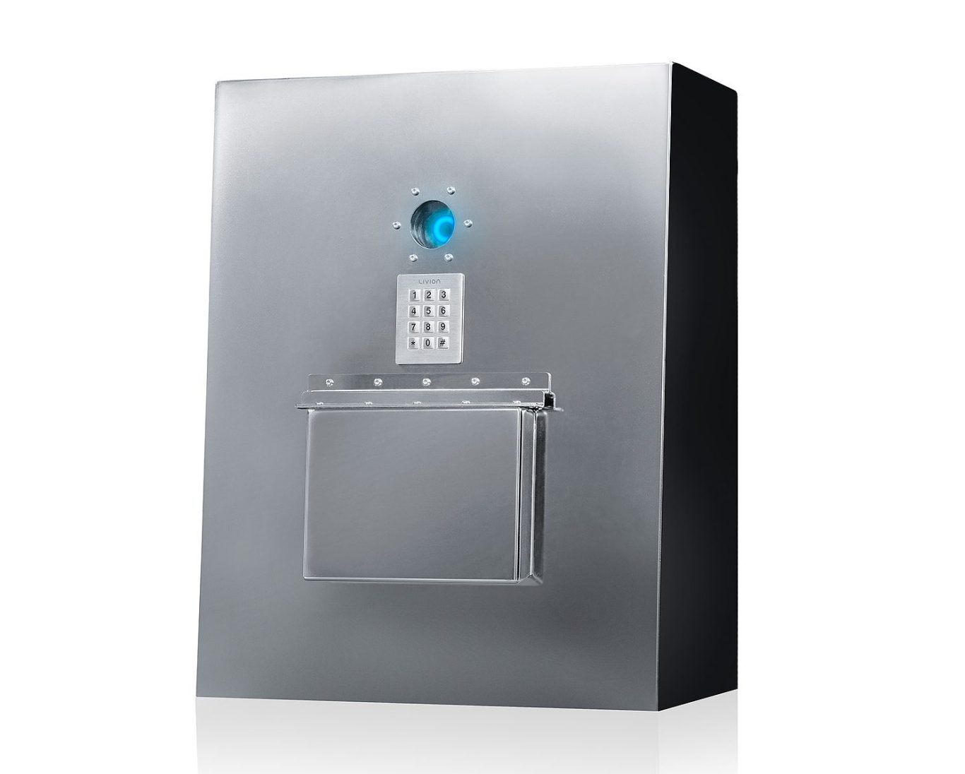 Silbernere , wettergeschützte Schlüsselübergabestation mit Kamera und geschütztem Fach.