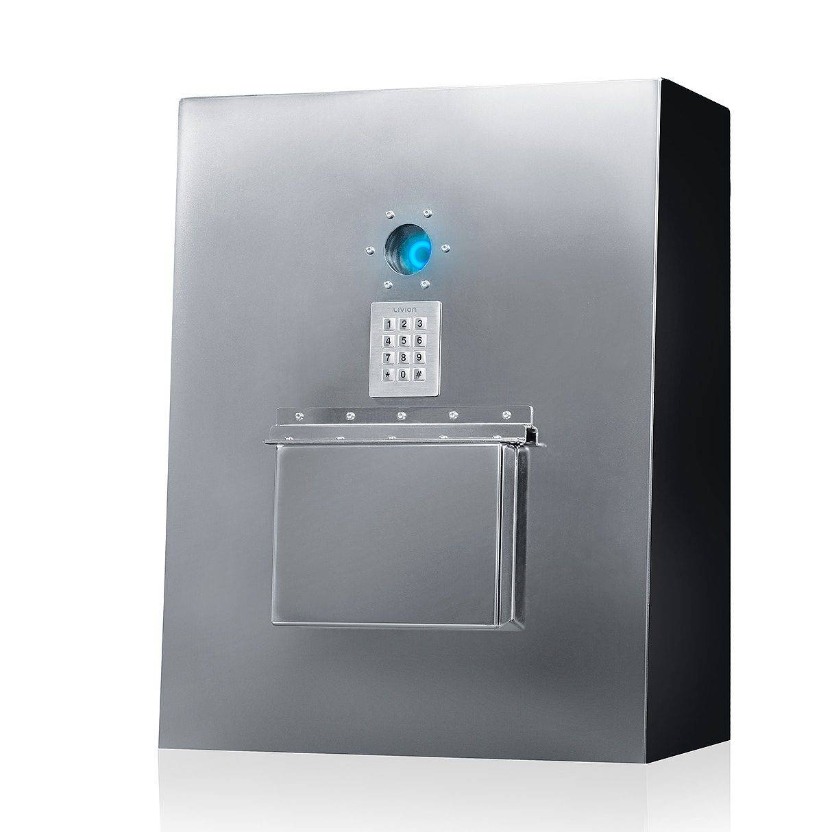 Schlüsselausgabestation aux Edelstahl mit einem Tastenfeld und einer blau leuchtenden Kamera.