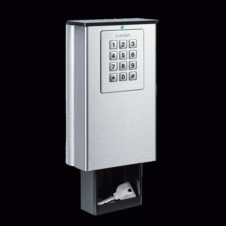 Ein silberner Schlüsselkasten mit Zahlenfeld und darunter einem Ablagefach mit einem Schlüssel.